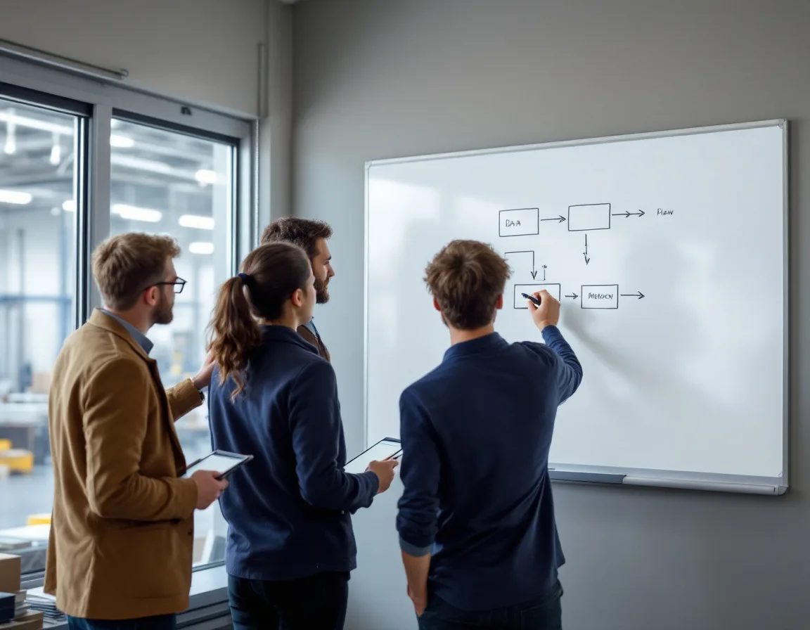 Three staff at an aerospace supplier drawing a data flow diagram on a whiteboard to map their assessment boundary, shop floor visible beyond a glass partition