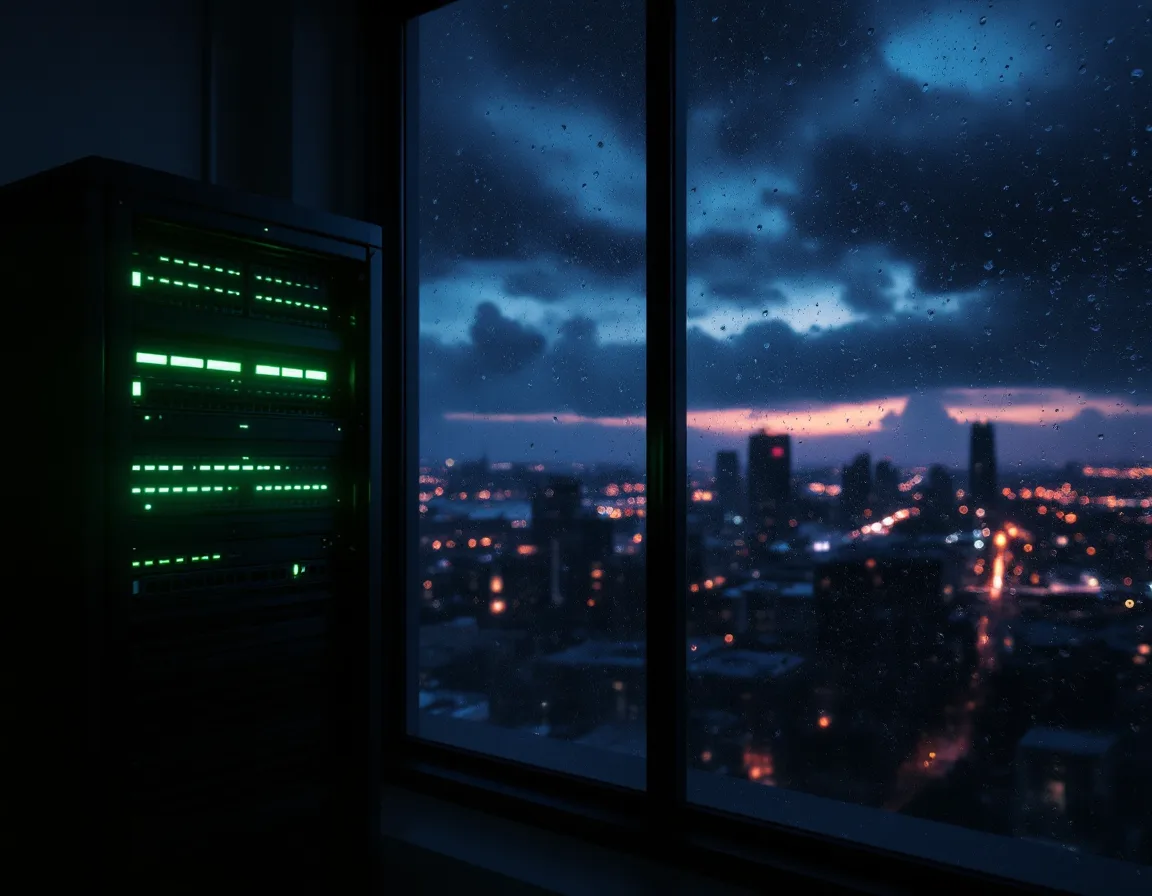 Server rack running after hours during a Gulf Coast storm, covered by outsourced IT monitoring