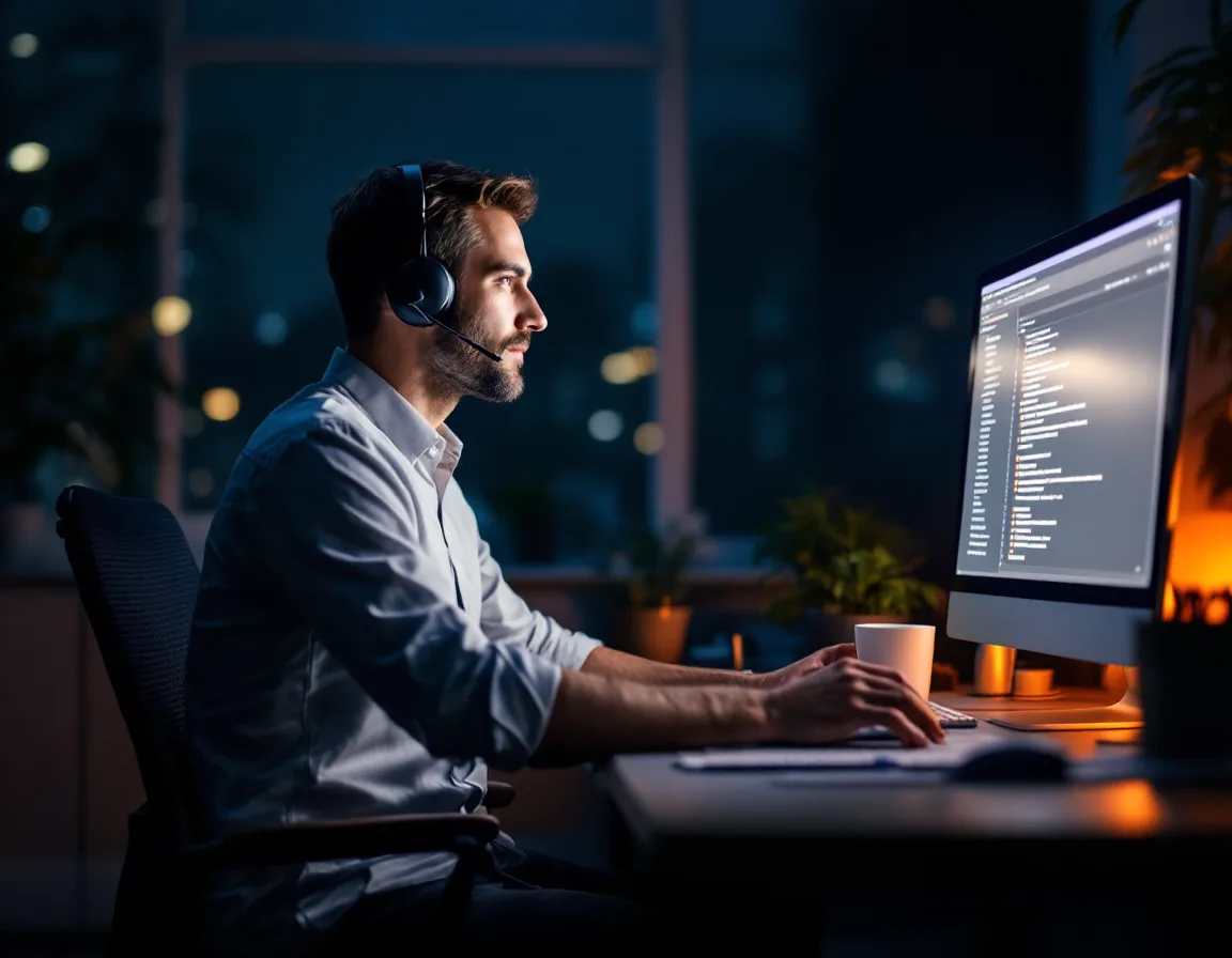 IT technician working a support queue late at night in a darkened office, lit by a single monitor