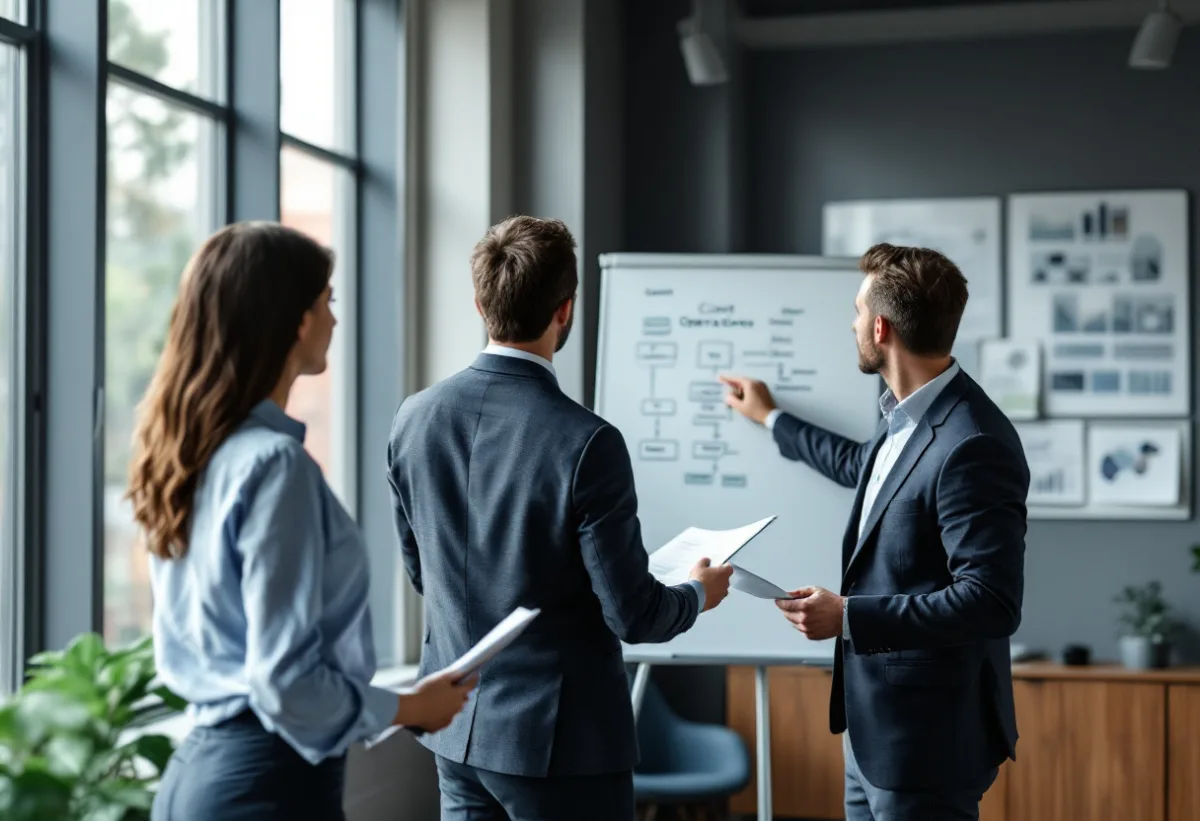 Uprite consultants mapping an AI use case against a client process map on a whiteboard