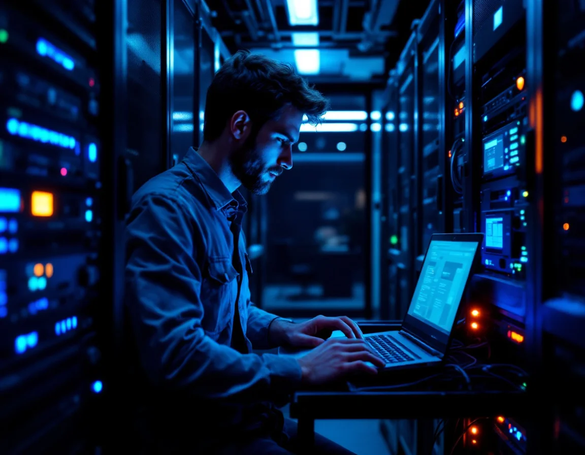 Single systems administrator working alone at night in a small server room with a laptop open on a rack shelf and a dark empty office behind
