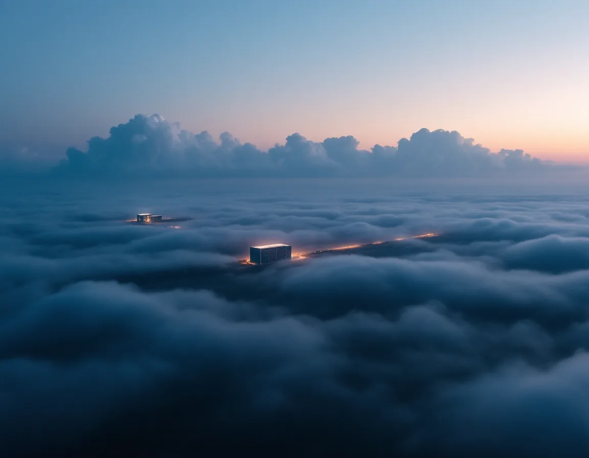 Two Texas data centre sites hundreds of miles apart, one on the Gulf Coast and one inland, at dusk