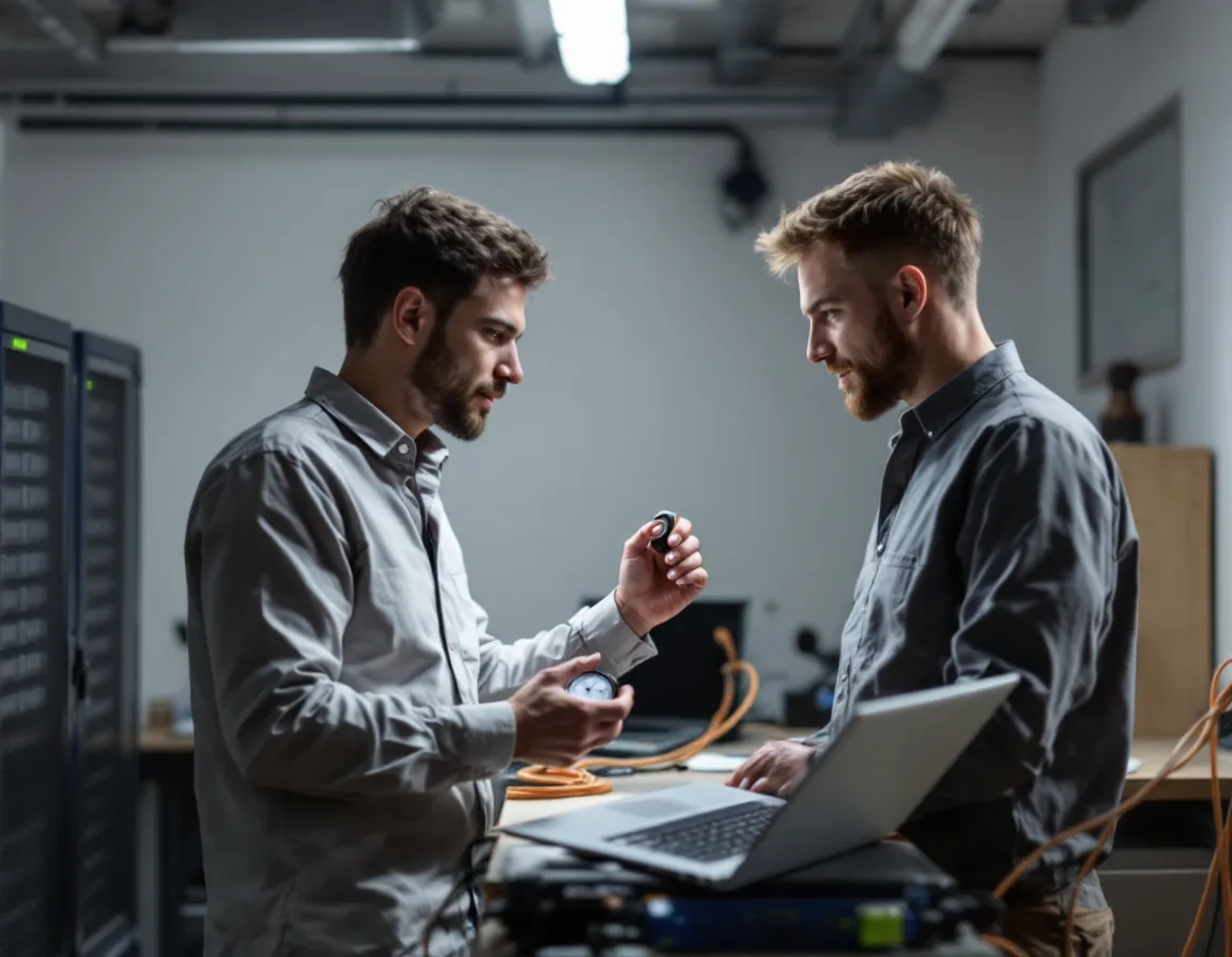 Engineers timing a scheduled restore test on an isolated server in a lab