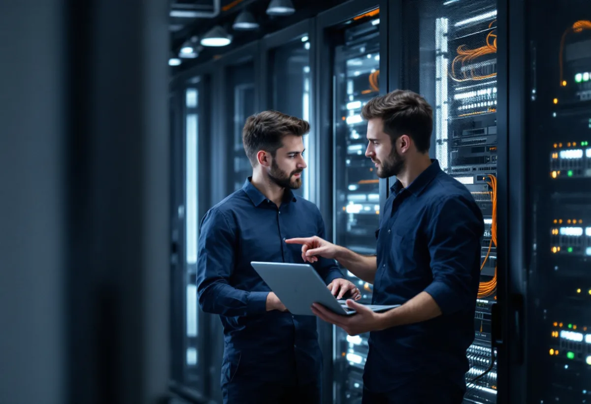 Internal IT engineer and co-managed provider engineer working side by side at an open network rack