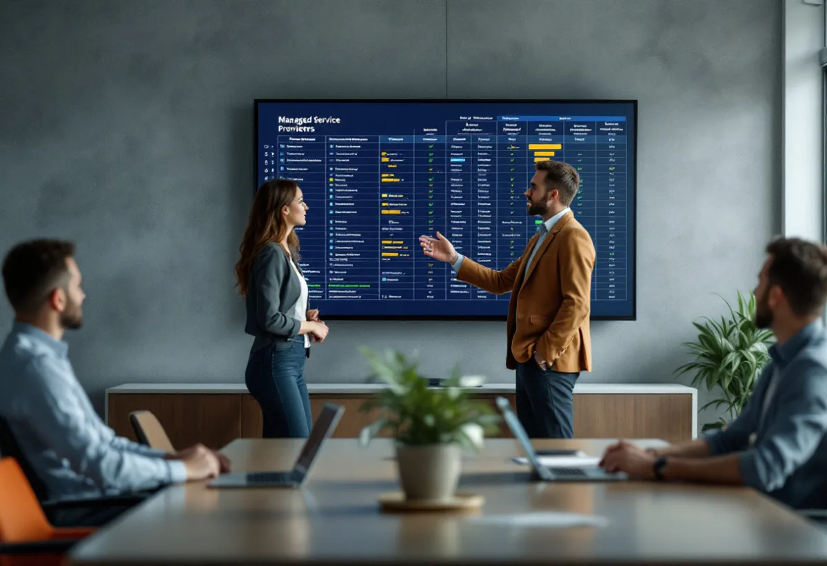 IT director walking her internal team through a comparison of Texas co-managed IT providers on a conference room monitor