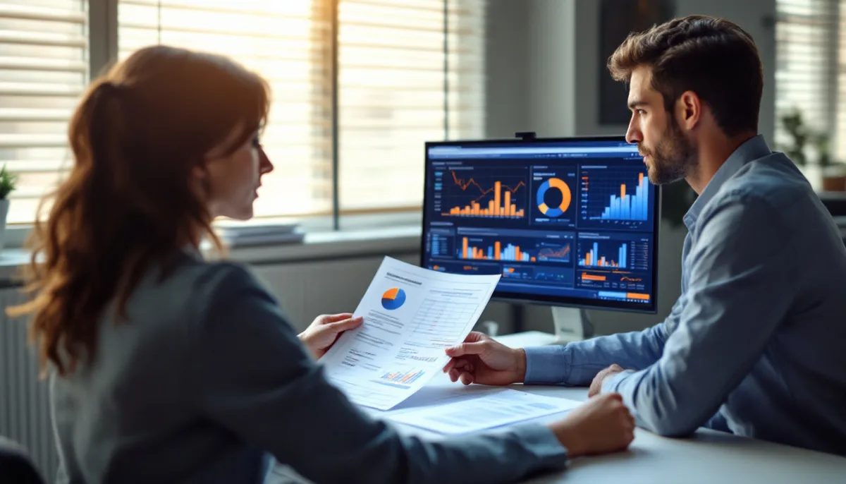 Customs brokerage colleagues comparing managed IT provider proposals against a weighted scoring model on a dual monitor desk