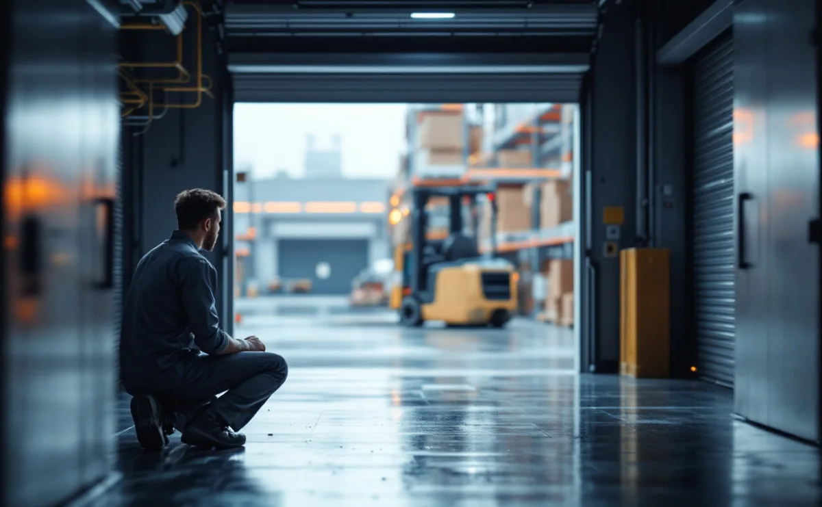 Network engineer working in an open server cabinet inside a warehouse office beside a loading dock and pallet racking