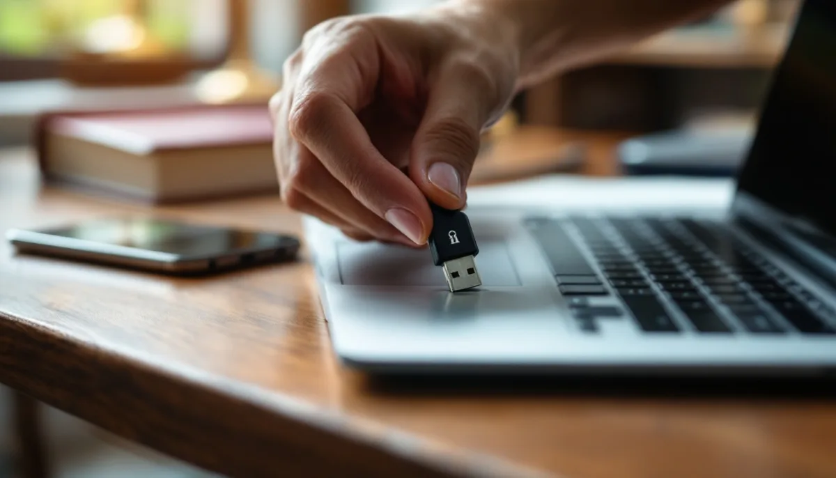 Hardware security key being plugged into an attorney laptop to enforce phishing resistant multi factor authentication