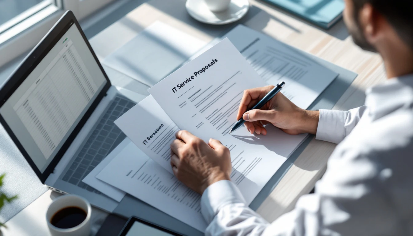 Bay Area Houston business owner comparing printed managed IT proposals side by side at a desk