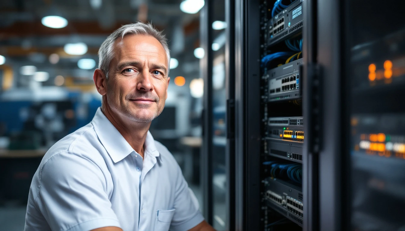 IT engineer working on an open network rack inside a Clear Lake aerospace machine shop