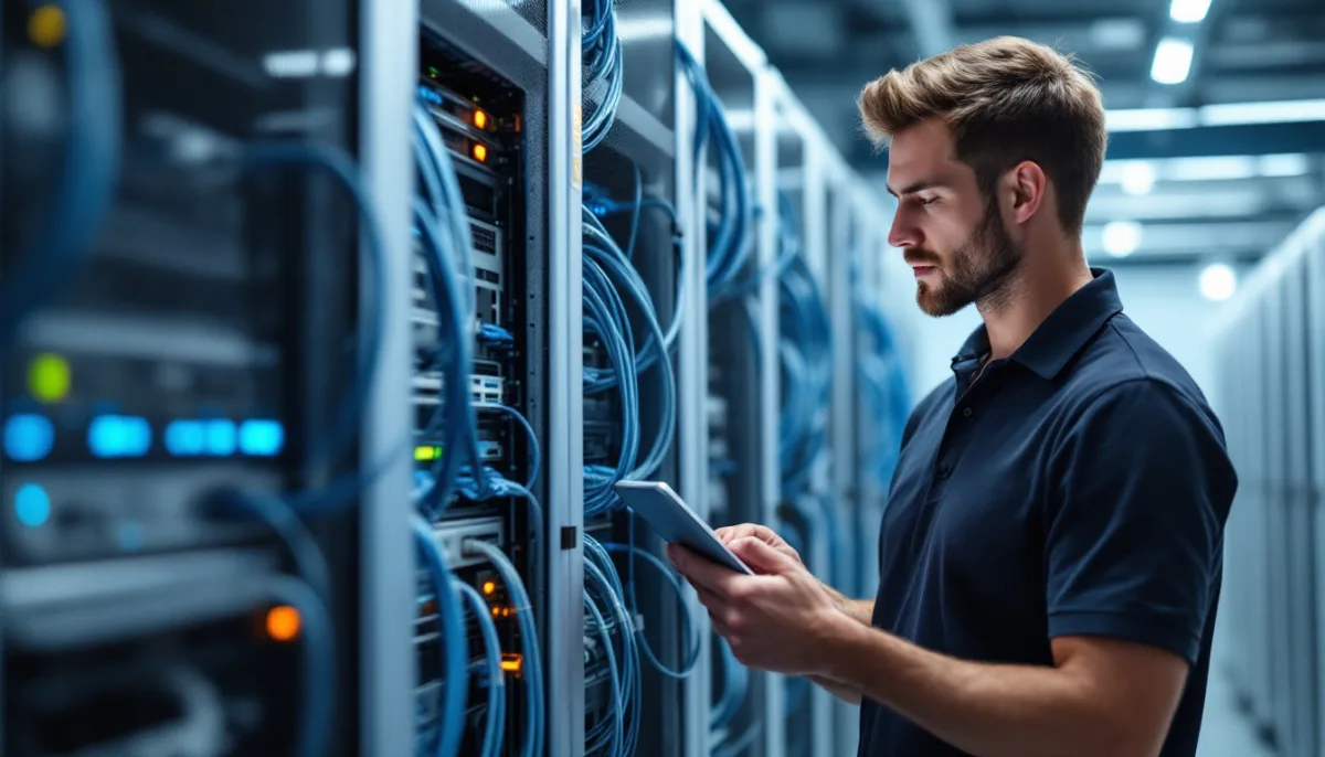 Network engineer checking a rack mounted switch and firewall in a San Antonio server room under a single managed IT agreement