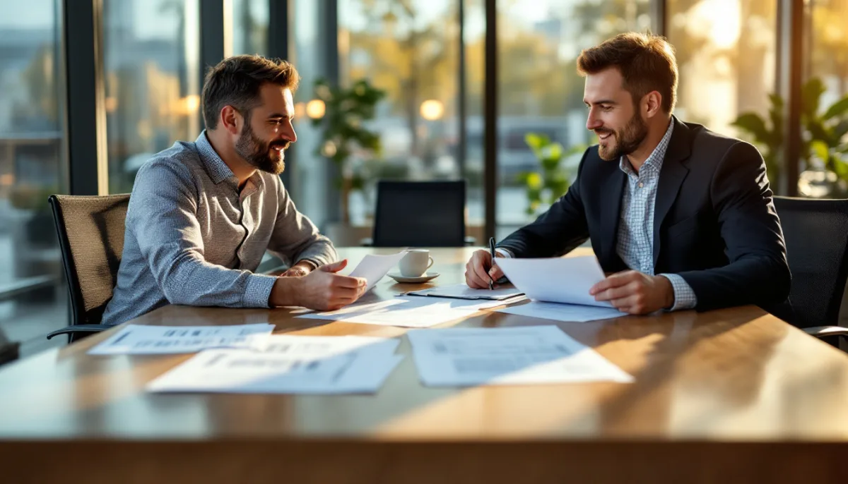 Texas IT director and finance lead comparing Microsoft Copilot deployment partner proposals across a conference table in a Houston office
