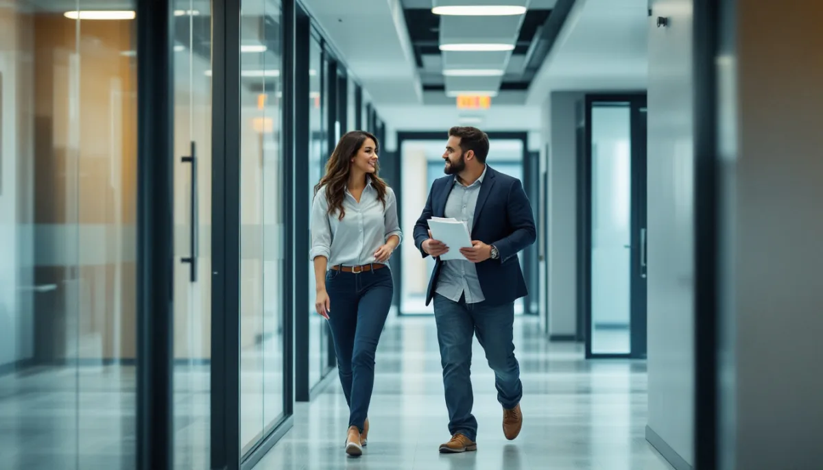 Operations manager and account lead walking through an Austin office discussing ongoing Microsoft Copilot governance