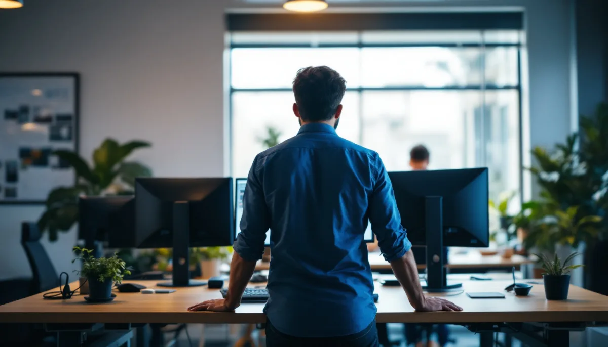 Systems engineer at a standing desk in a Texas office running a Microsoft 365 tenant permissions audit before a Copilot rollout