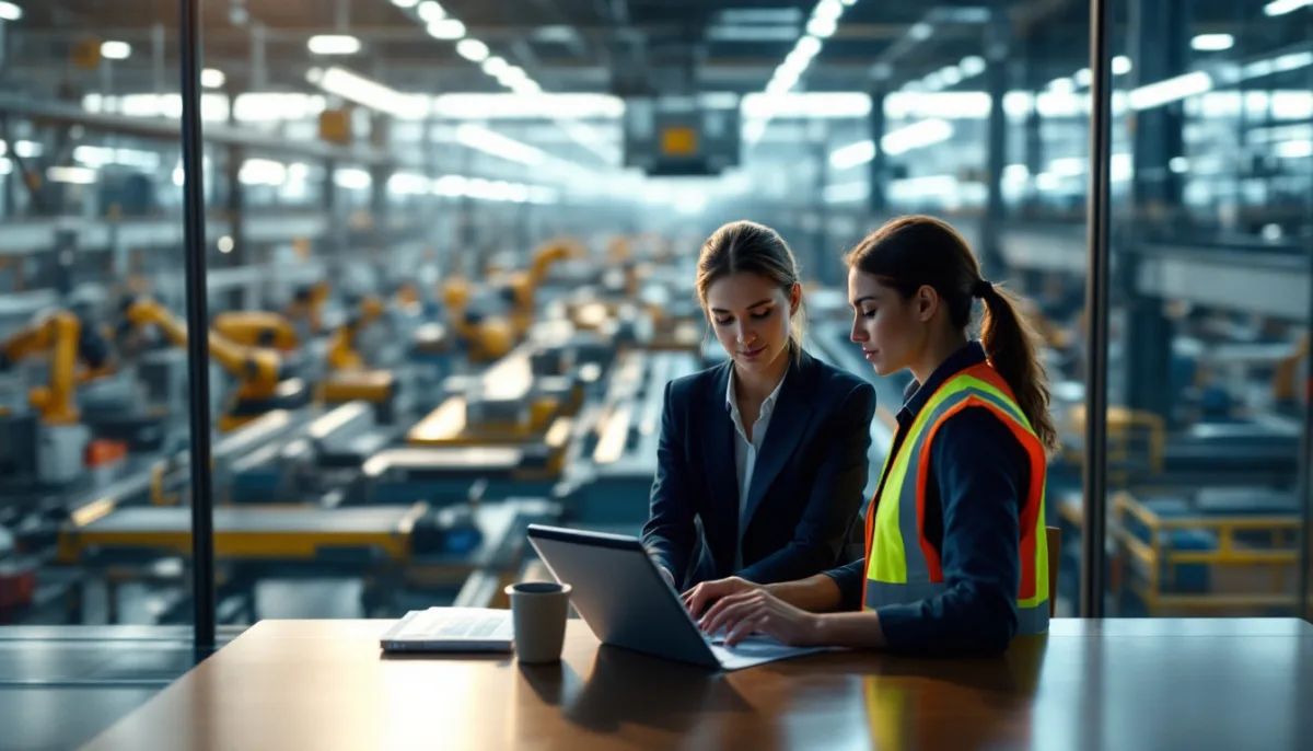Manufacturing operations director and plant lead comparing managed IT providers on a laptop in a glass office above a robotic assembly line