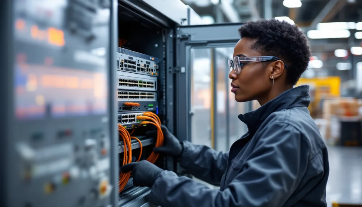Network engineer patching industrial Ethernet switches inside a plant control cabinet to keep the OT network separated from office traffic