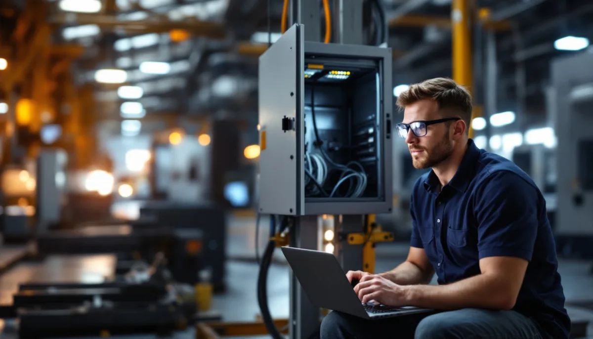 Managed IT technician working on a laptop beside an open network cabinet on a manufacturing plant floor, CNC machines behind him