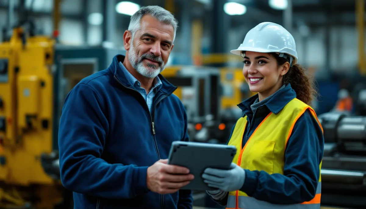 IT support specialist handing a rugged tablet to a shift supervisor at a machining cell during shift change