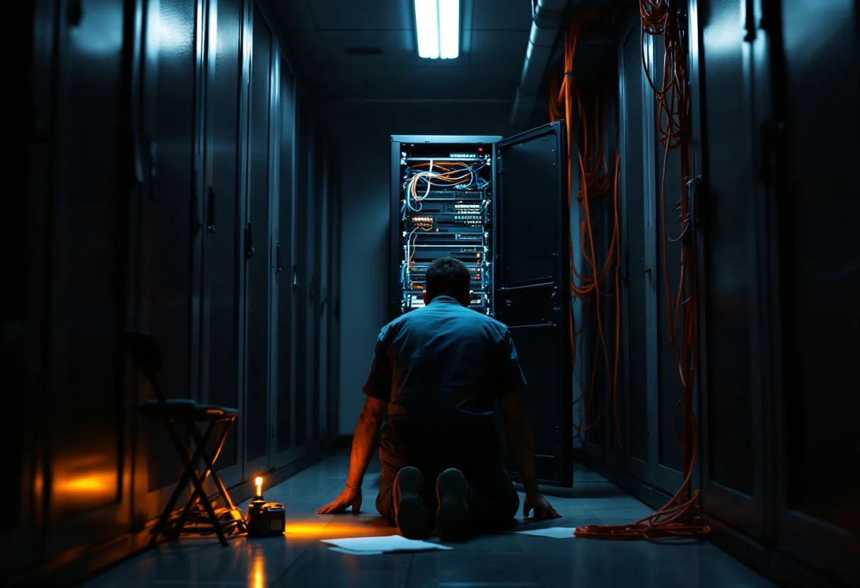 Break-fix technician working alone on the floor of a cramped small business server closet with a printed service ticket and an invoice on a folding chair beside him