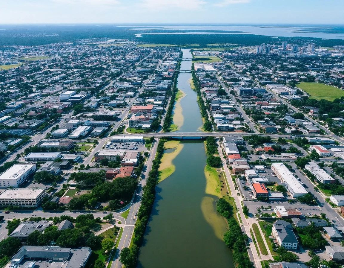 Aerial view of a creek dividing dense commercial development on one side from sparser residential neighborhoods on the other in flat coastal Texas terrain