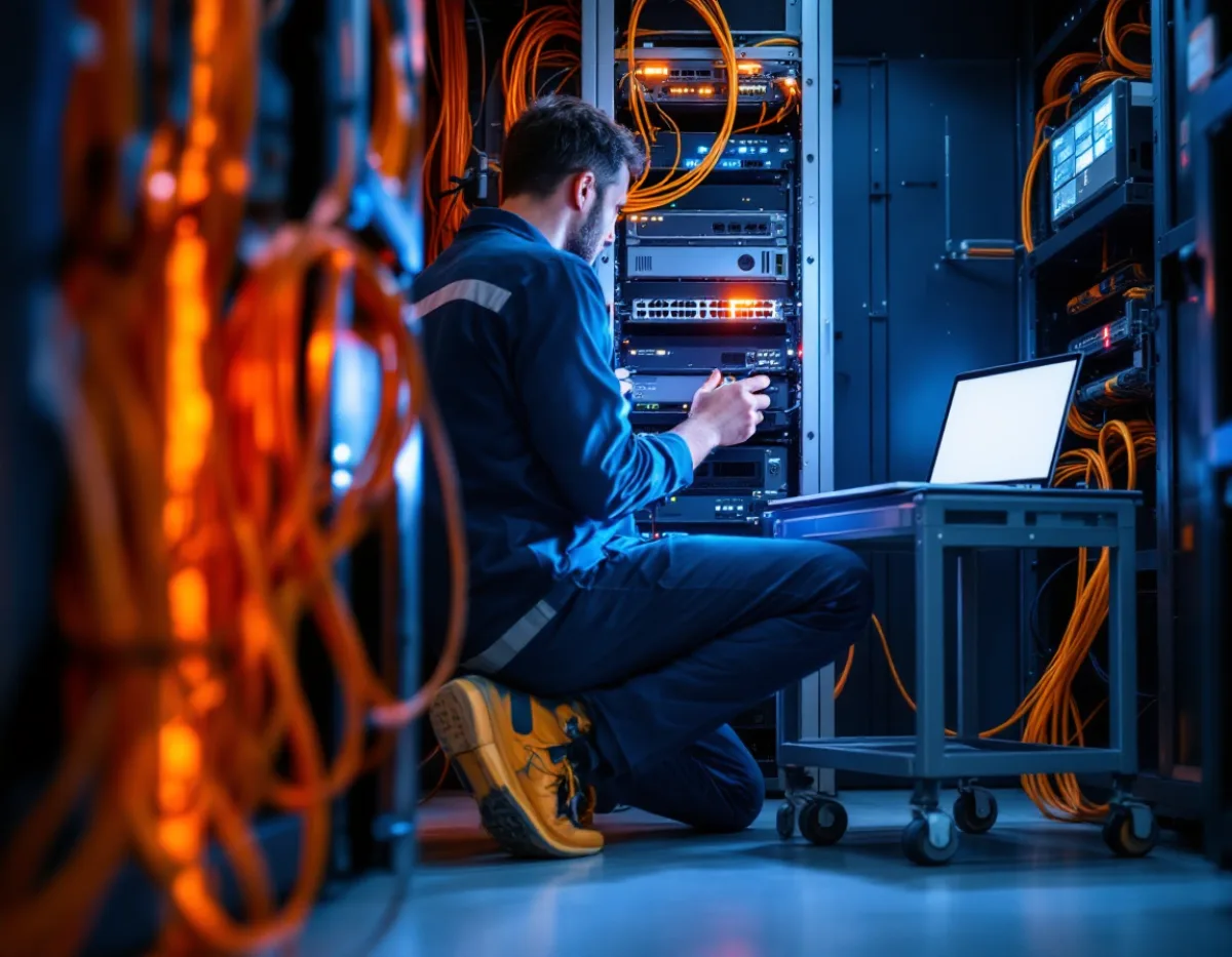 An IT technician kneeling at a network rack checking firewall and switch connections before an EMR go-live
