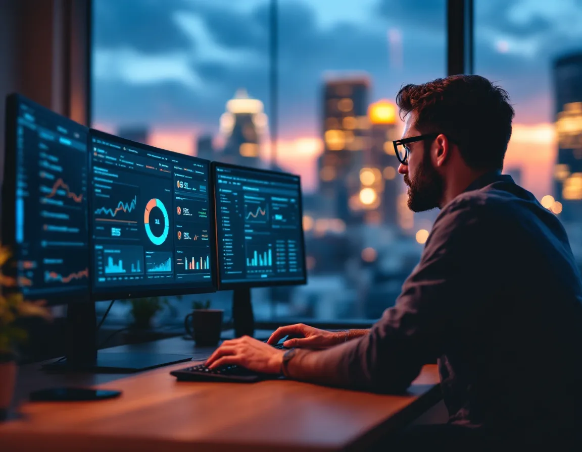 Network engineer reviewing a cloud cost and resource utilisation dashboard on dual monitors with the San Antonio skyline beyond the window