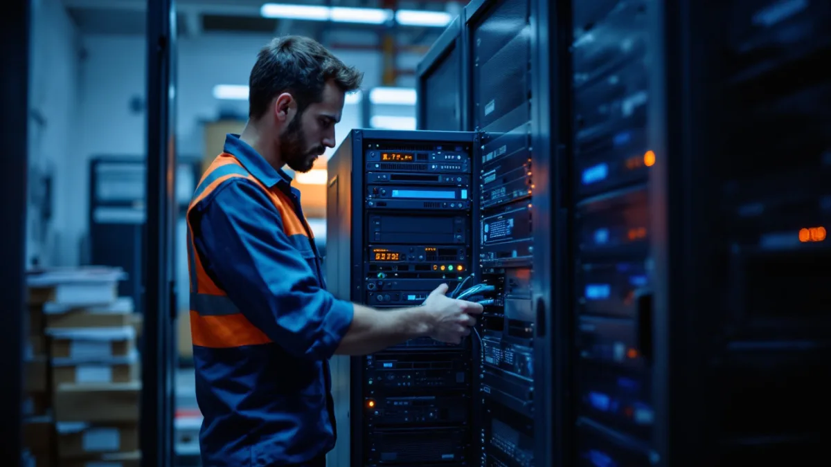 IT engineer disconnecting an aging file server rack at a construction company before moving project files to SharePoint