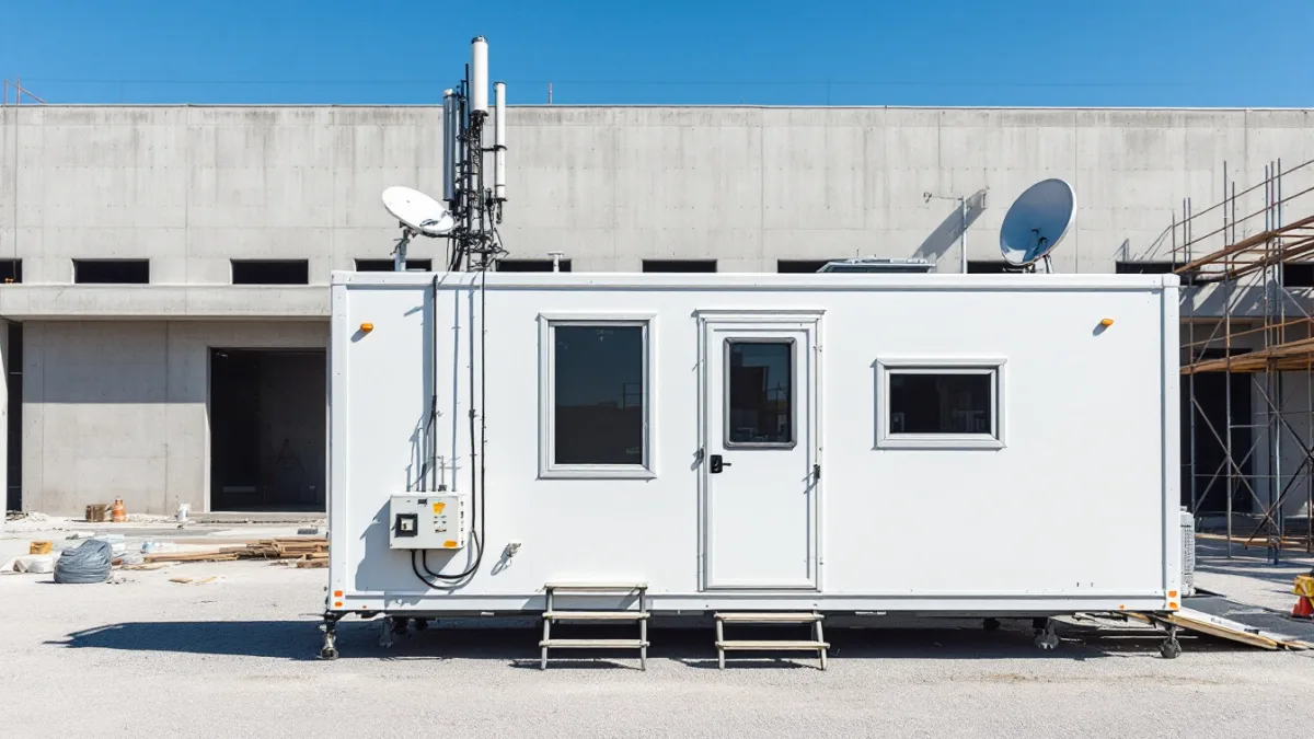 Construction site office trailer with a cellular antenna, satellite dish and network enclosure supporting cloud access