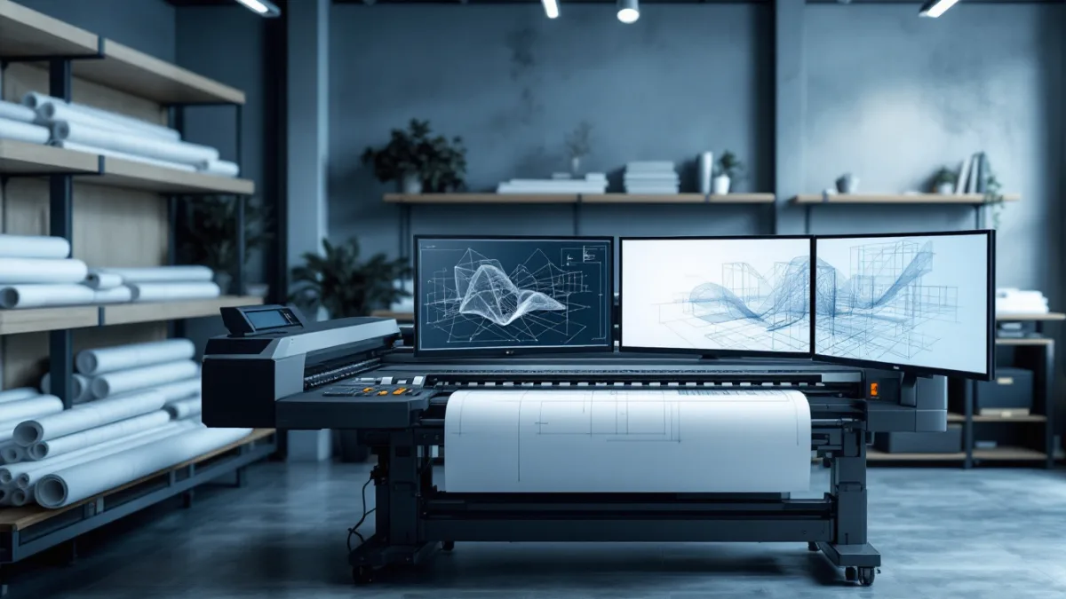 Large-format plotter printing drawings beside a design workstation in a construction plan room that stays on premises