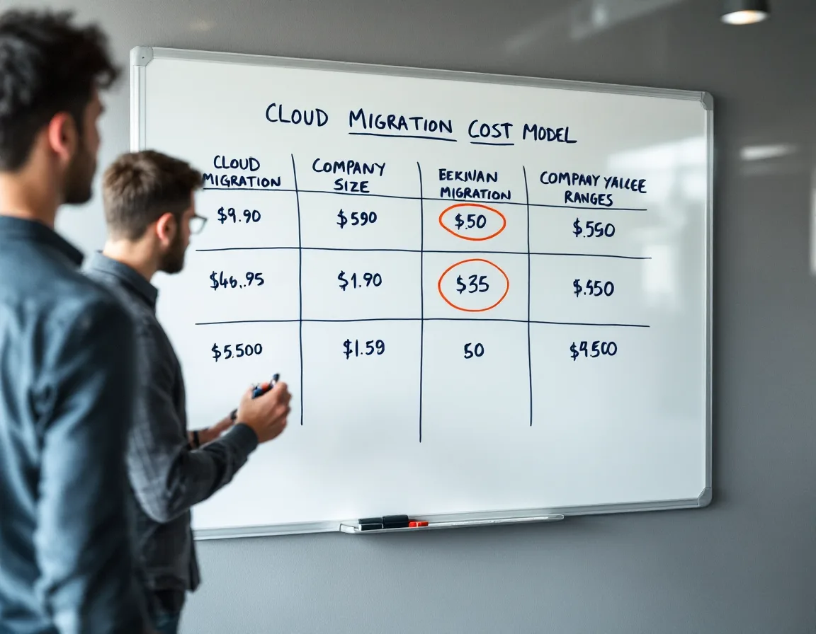 Whiteboard in a Texas office showing cloud migration cost bands by company size drawn in navy marker with one range circled in orange