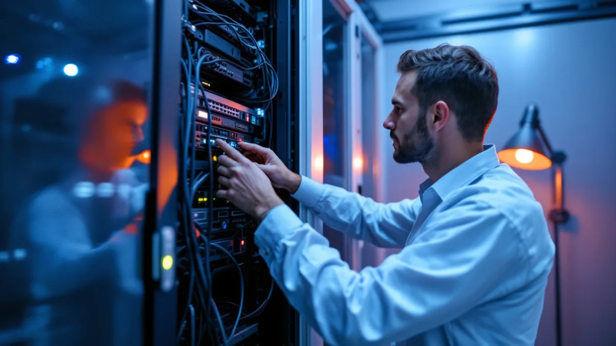 IT engineer configuring a network rack that supports a scoped CUI enclave for a DFW defense manufacturer