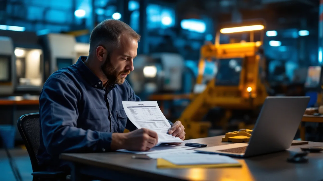 Owner of a North Texas machine shop reviewing a CMMC compliance budget after hours on the production floor