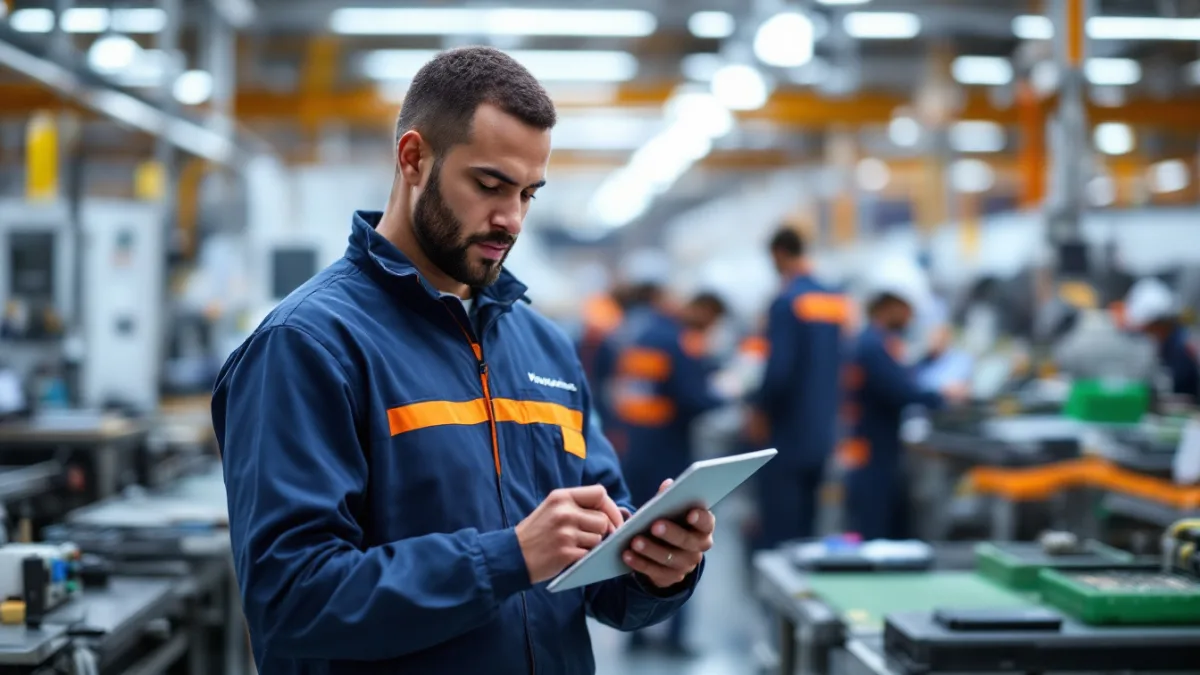 Operations manager at a DFW electronics assembler tracking CMMC remediation tasks on a tablet
