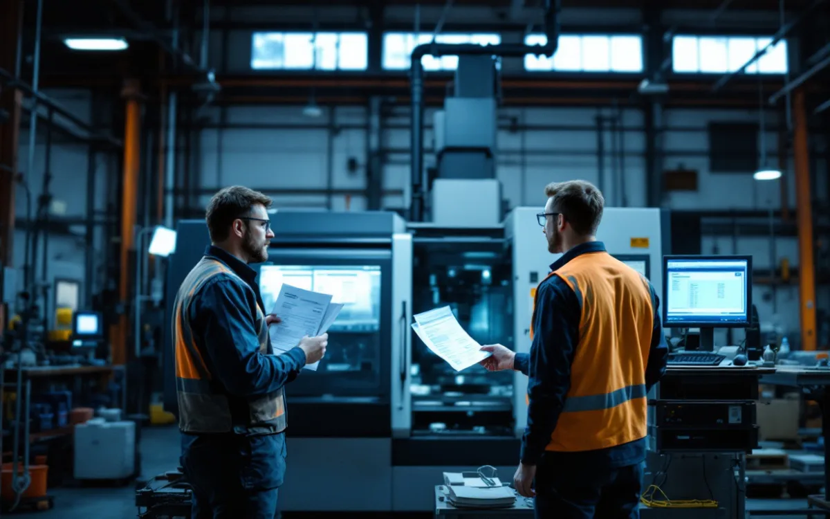 Production manager and IT engineer checking a defense purchase order for DFARS flow-down clauses on a Dallas shop floor