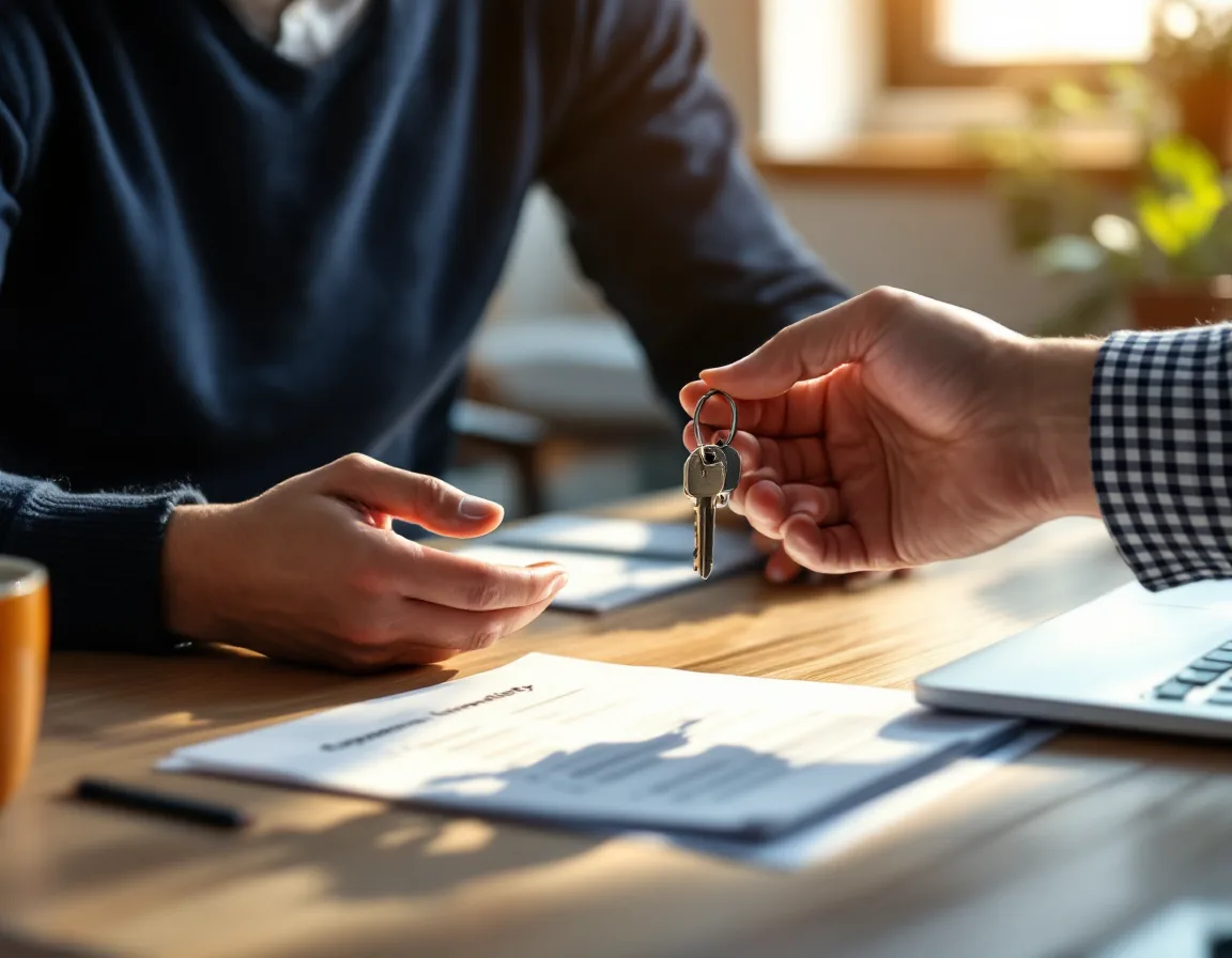 In-house IT manager receiving a set of keys across a desk from an outside IT engineer, with a printed responsibility document and a laptop on the table