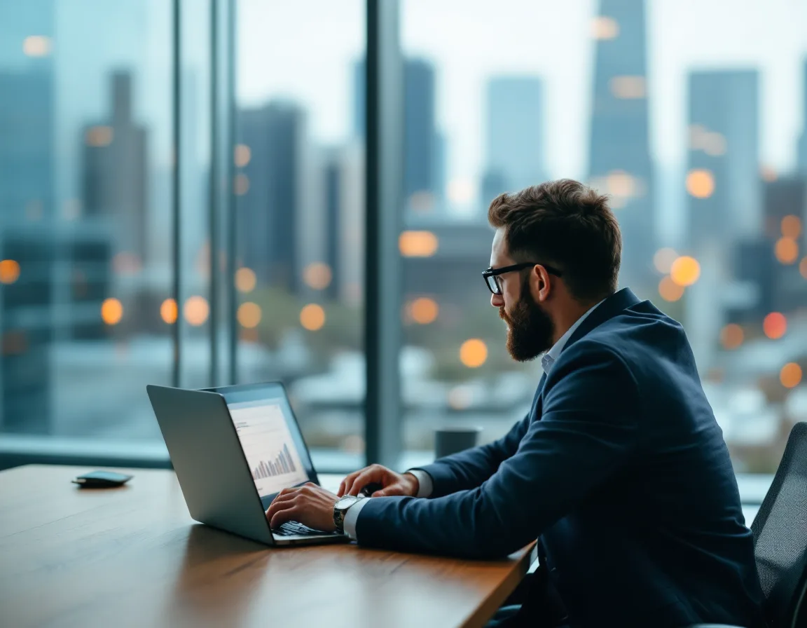 IT manager reviewing a co-managed IT budget on a laptop in a Texas high rise office overlooking the skyline