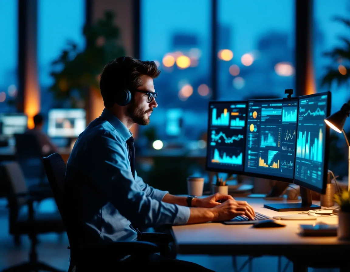 Solo IT manager working alone after hours at a monitoring dashboard while the rest of the office sits empty