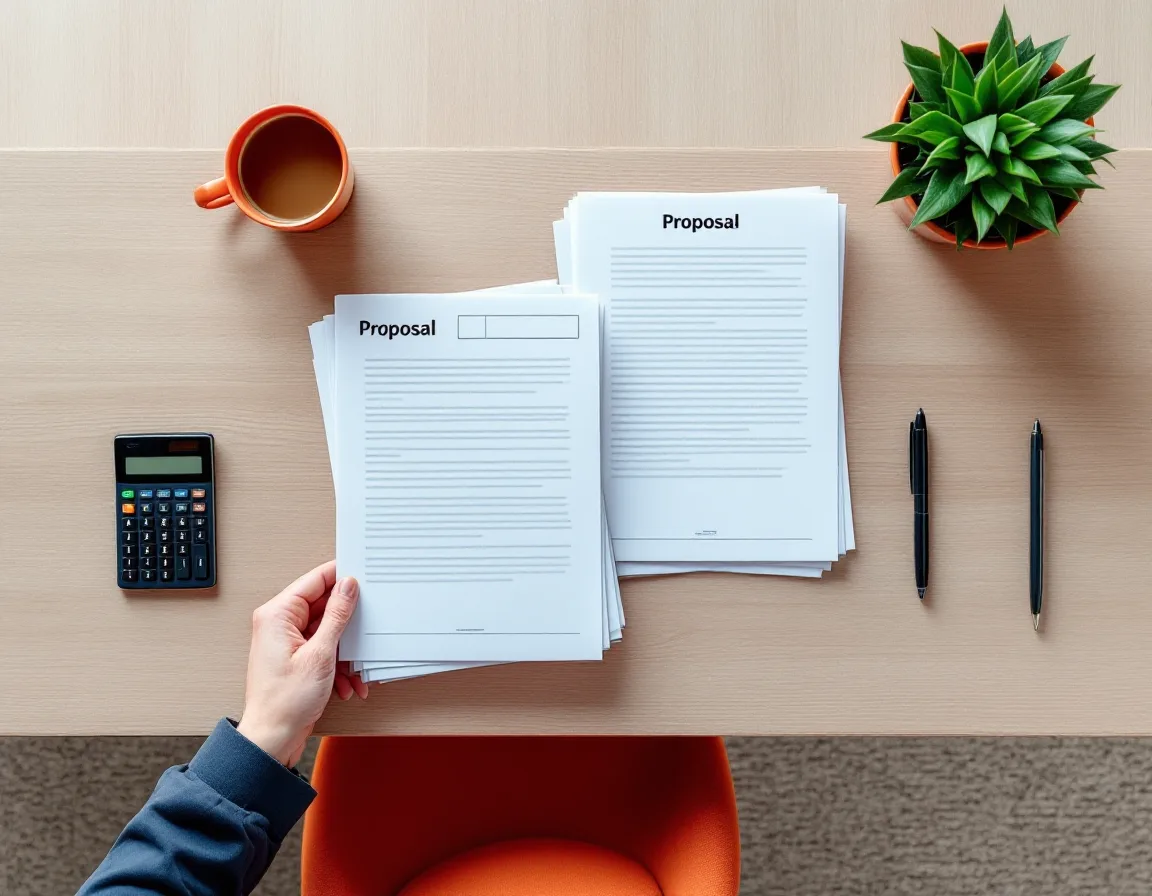 Two printed managed IT service proposals laid side by side on a desk with a calculator during a co-managed IT cost comparison