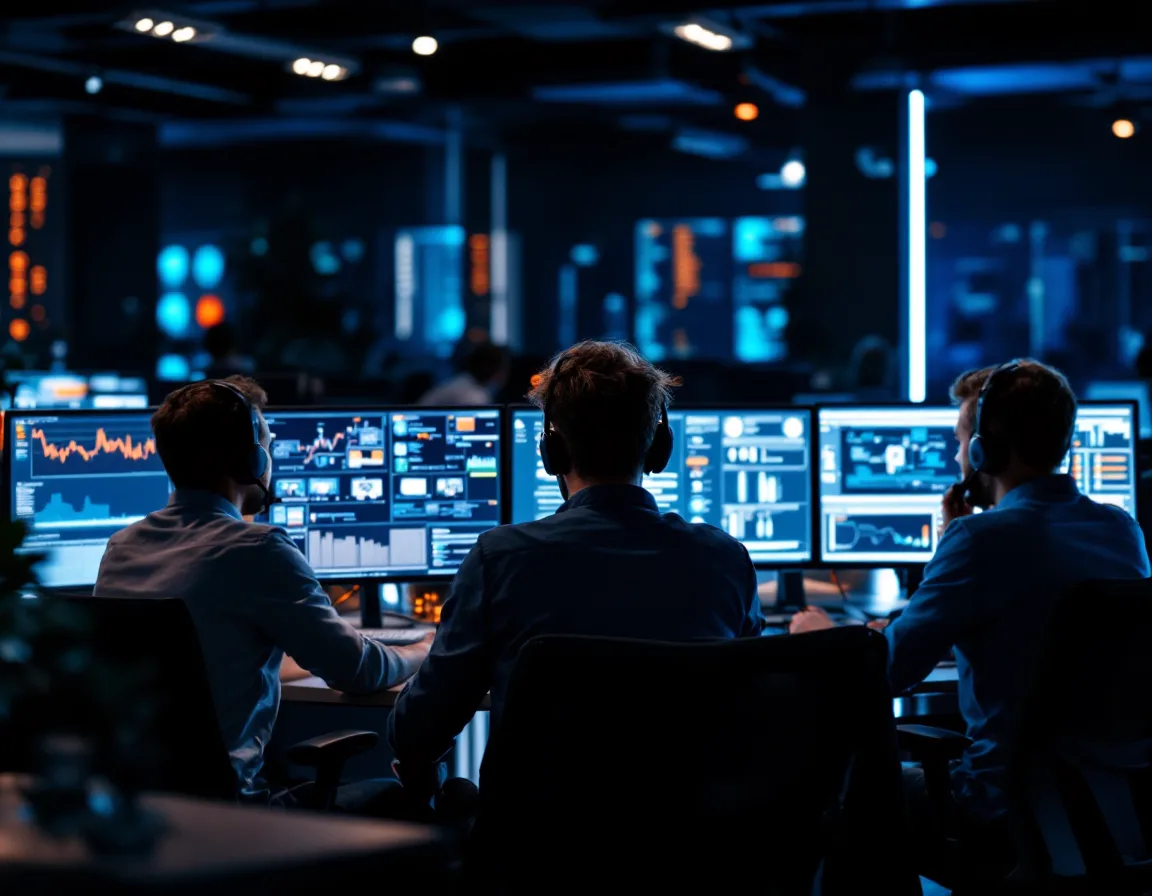 Four managed IT specialists covering different disciplines at a shared monitor bank in a Texas network operations room