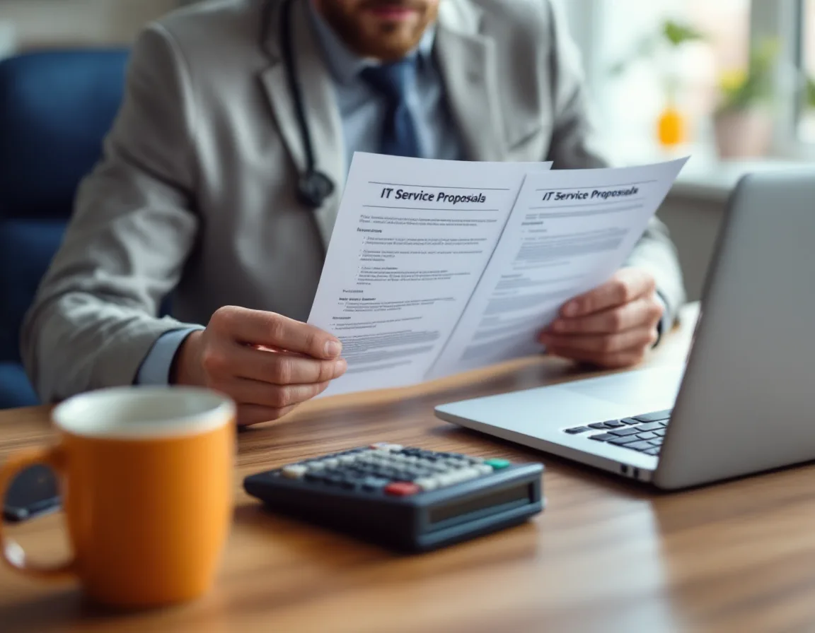 Practice owner comparing two printed IT service proposals beside a calculator, laptop and orange coffee mug