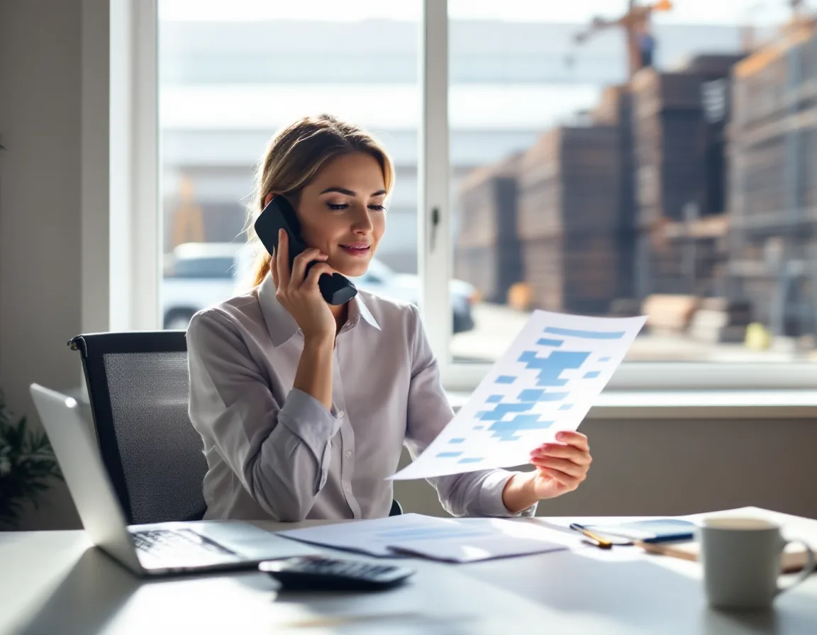 Construction company controller calling to verify a payment change while holding a pay document, with a steel yard outside the window