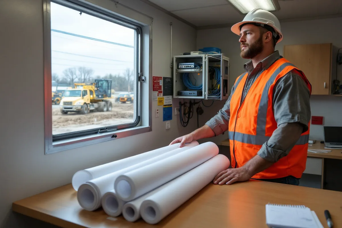 Project engineer reviewing corridor drawings inside a Fort Worth utility contractor jobsite trailer beside a wall-mounted network cabinet