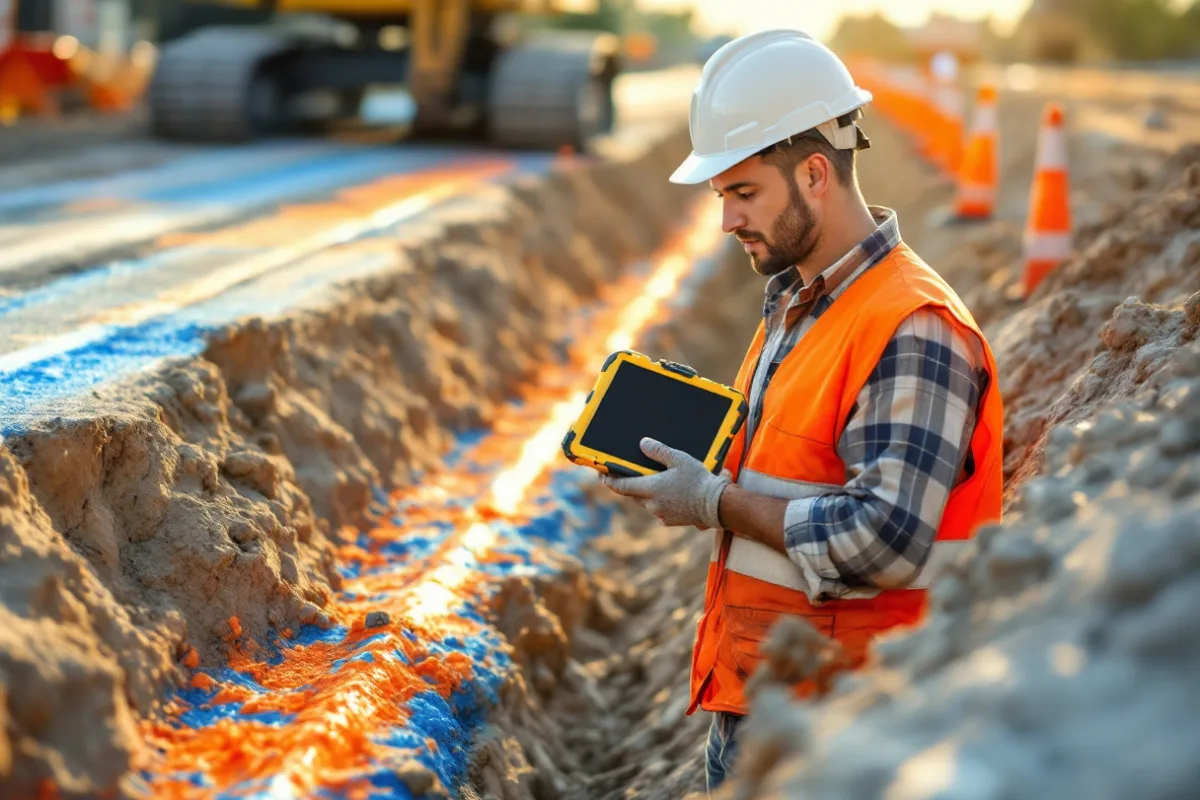 Site foreman reviewing locate ticket records on a rugged tablet beside a marked utility trench in Fort Worth