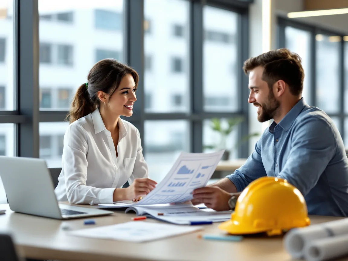 Contractor operations executive and IT consultant reviewing a printed checklist at a conference table with a laptop, hard hat, and rolled drawings