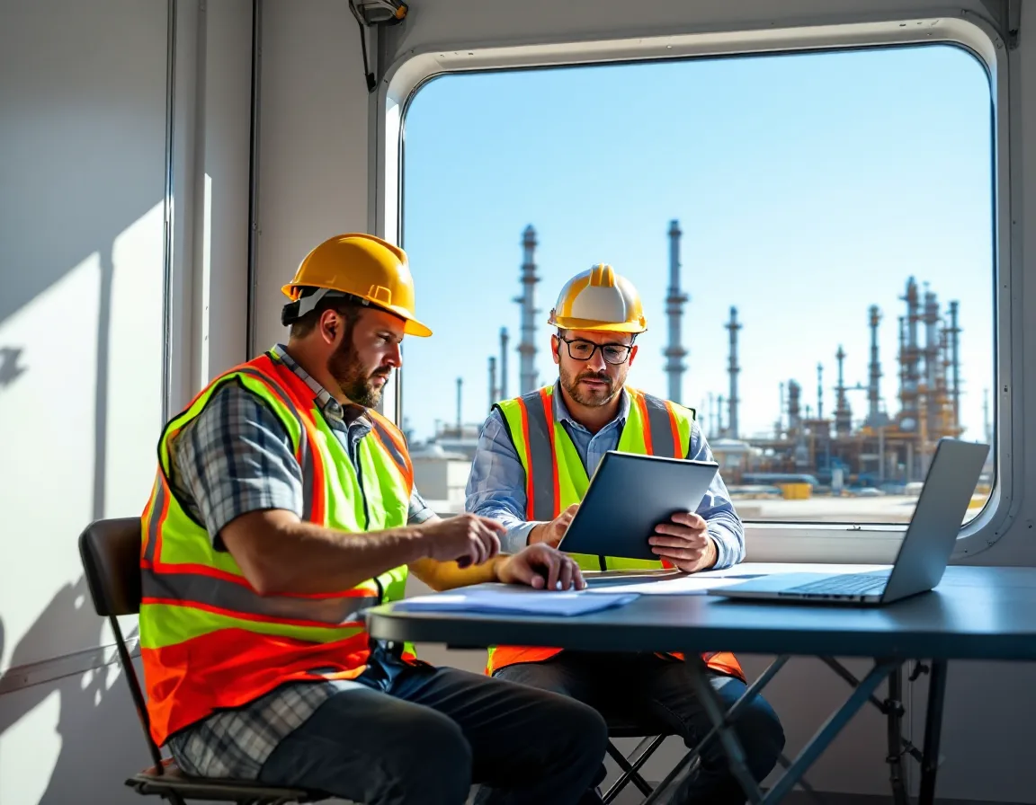 Contractor safety manager and owner representative reviewing a contractor cybersecurity prequalification on a tablet in a jobsite trailer beside a Gulf Coast petrochemical plant