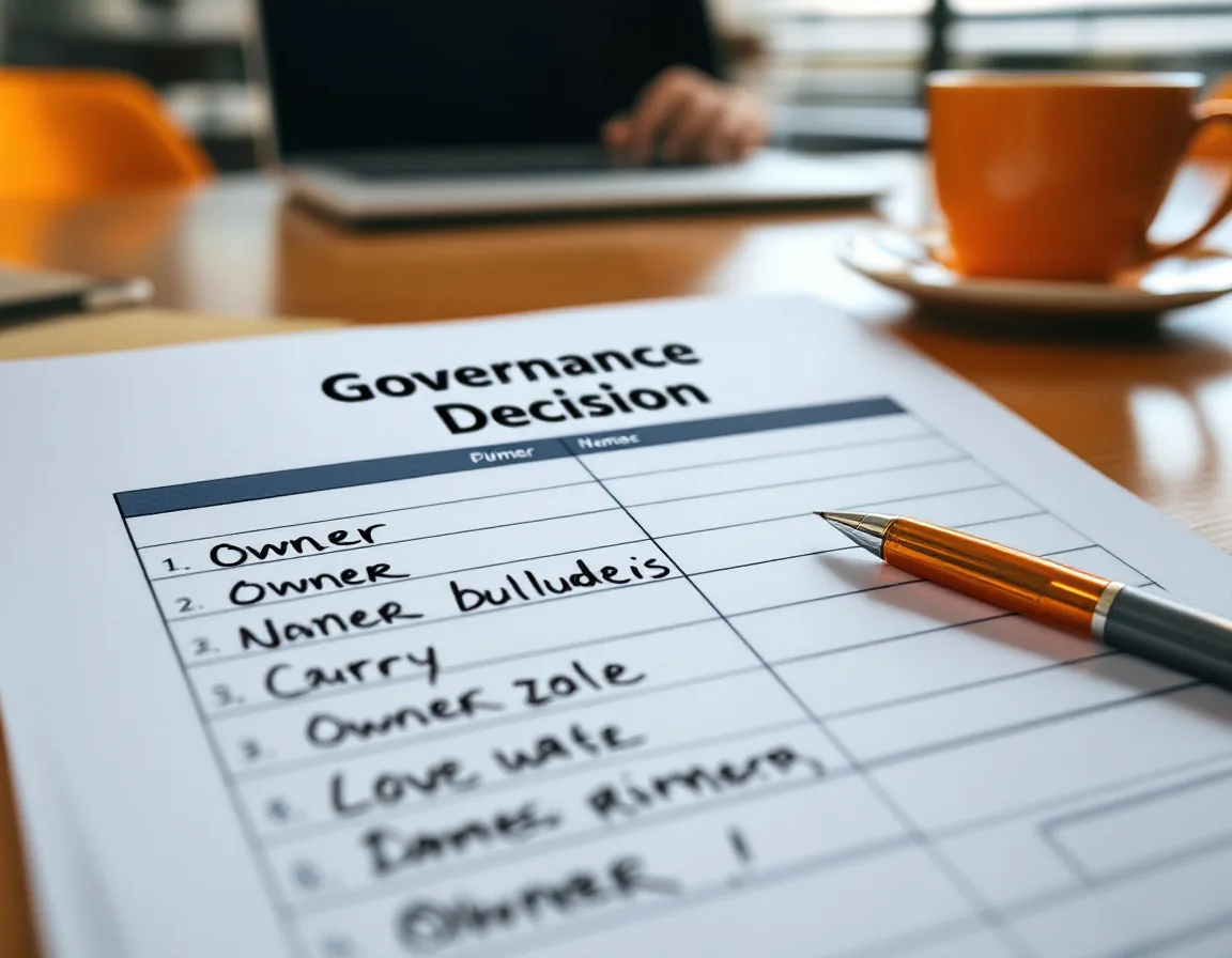 Printed Copilot governance decision register on a conference table with owner names written in by hand