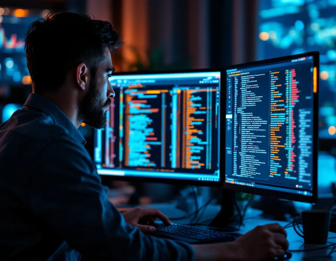 Security analyst reading Microsoft Purview audit records for Copilot interactions on a dual monitor setup