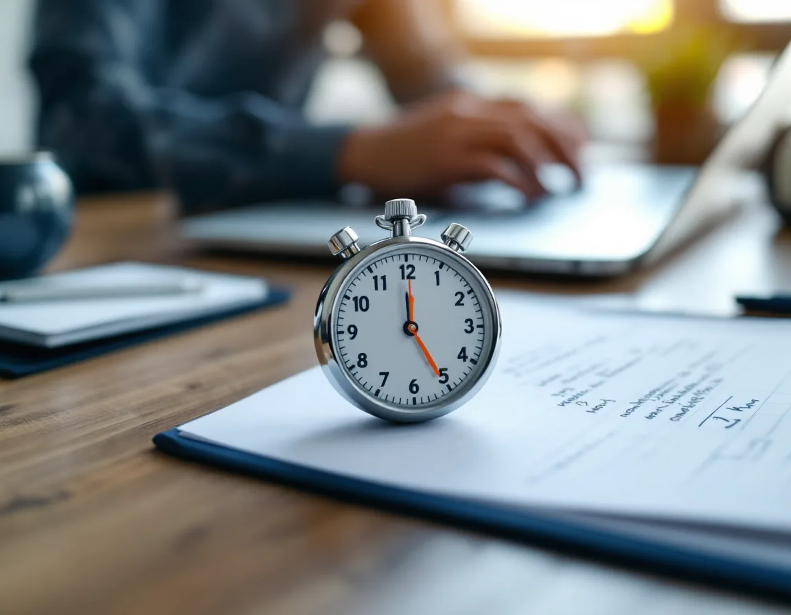 Stopwatch and notepad beside a laptop used to baseline how many minutes a day a repeated task takes before a Copilot pilot