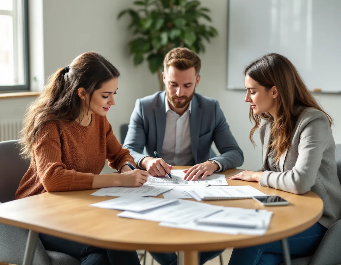 Three colleagues at a conference table counting roles on a printed staffing sheet to work out which desk seats are candidates for an AI licence