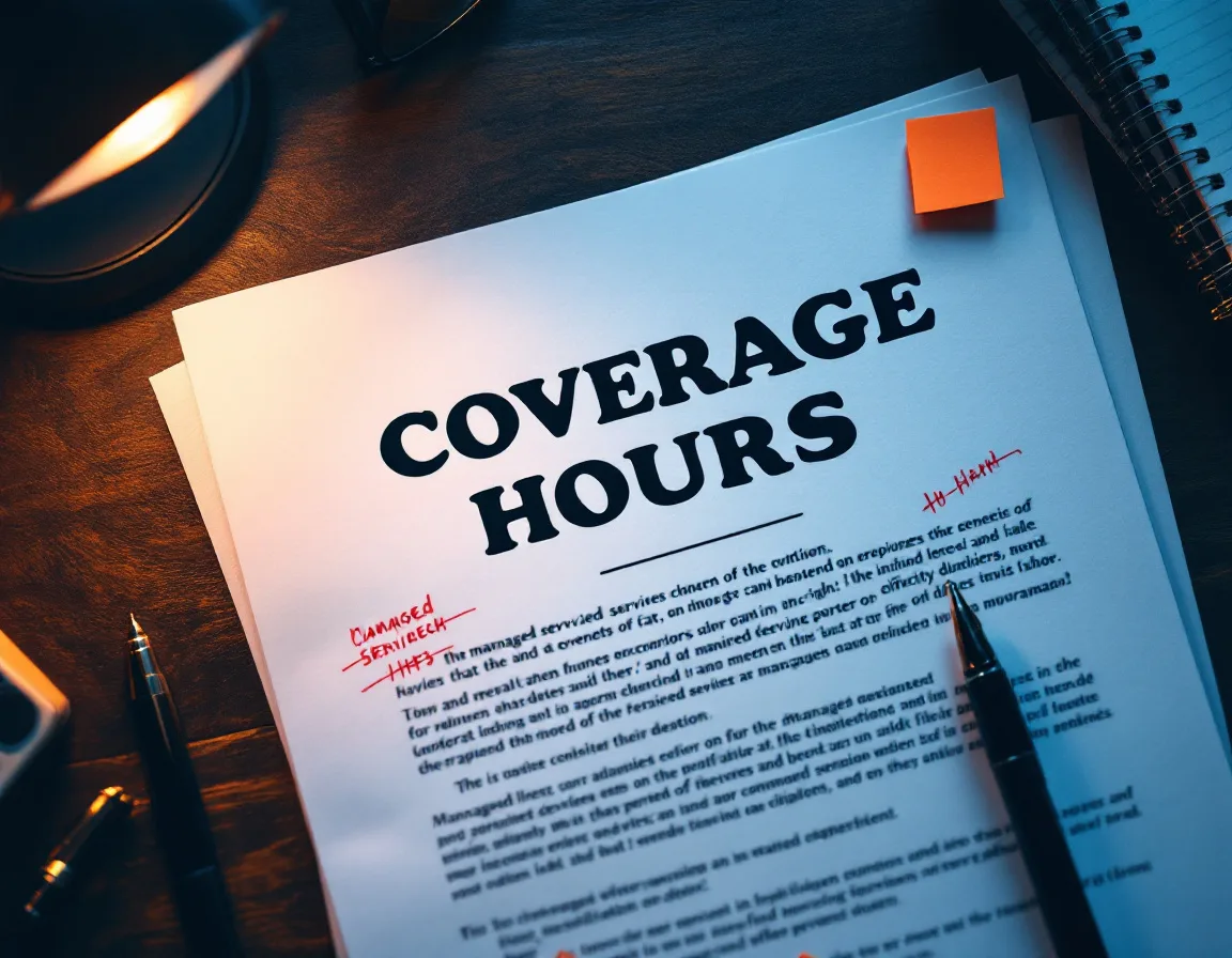 Managed services agreement open to the Coverage Hours clause with red pen redline notes and an orange sticky flag